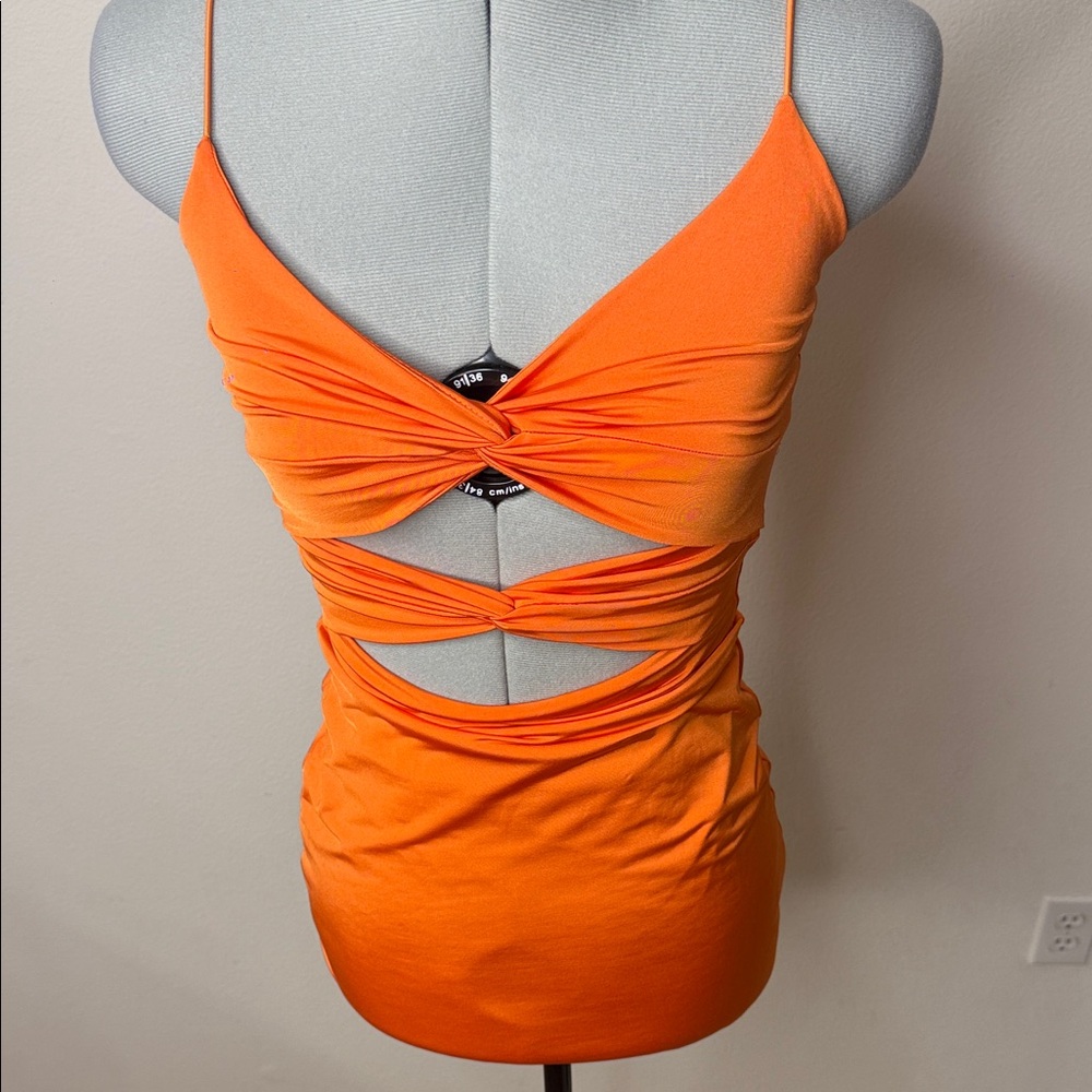 NWT Orange Cutout Twist Front Bodycon Mini Dress S - Picture 5 of 7